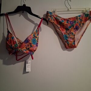 Nwts CupShe Life On The Beach Floral Bikini Set with Pink and Orange Accents